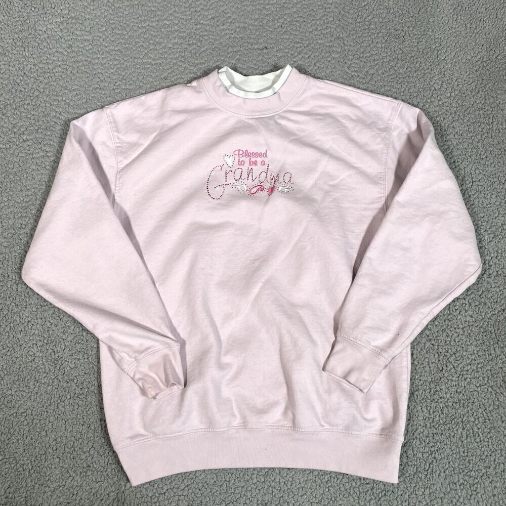 Vintage y2k Grandma Sweatshirt Women's Crew Neck Pullover 90s Rhinestone Pink L